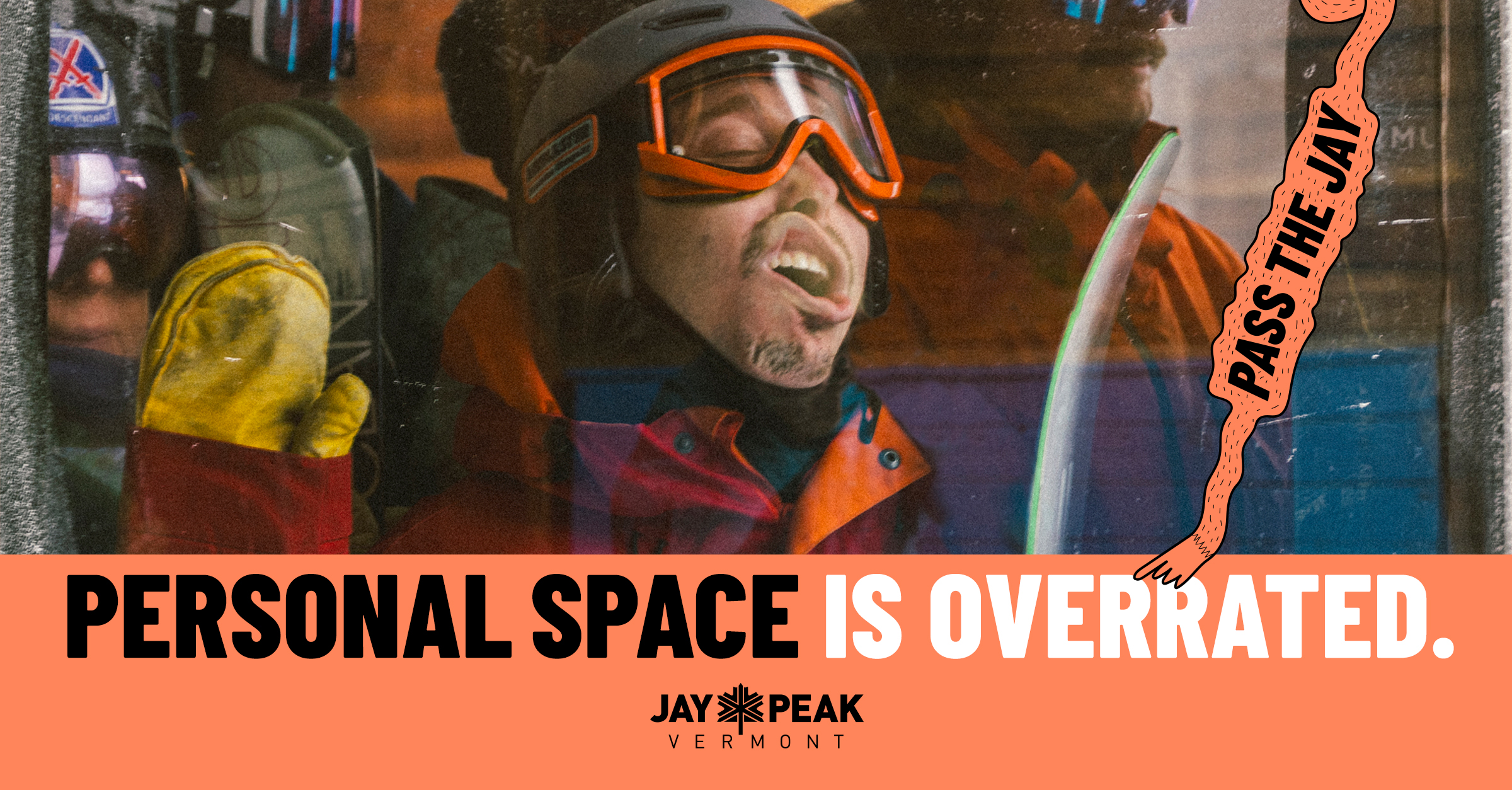 Crowded tram car with text overlay